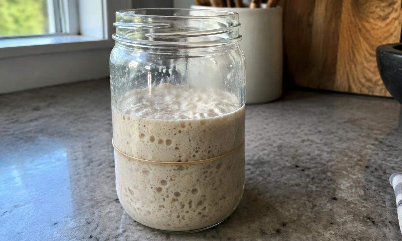 Le levain du jour, bien bullé après une nuit sur le plan de travail.