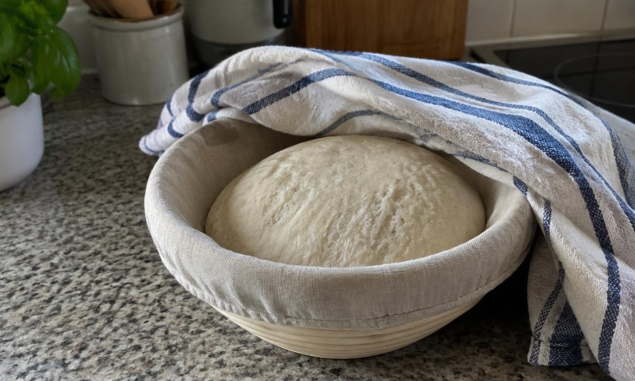La pâte repose dans son panier, couverte d'un torchon.